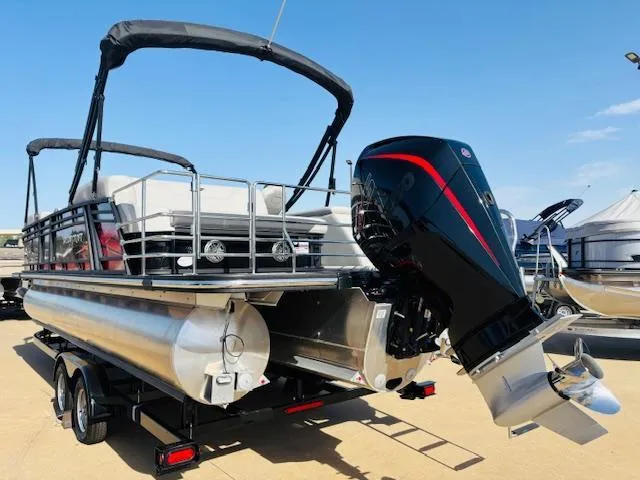 Slide: The Image of 2023 Starcraft SLS-5 Q DH pontoon boat with powerful outboard motor, rear view. - 20