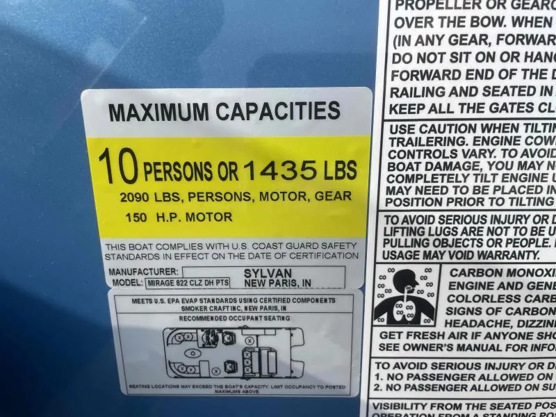 Slide: The Image of Maximum capacity label for 2024 Sylvan MIRAGE 822 CLZ DH boat, 10 persons or 1435 lbs. - 14