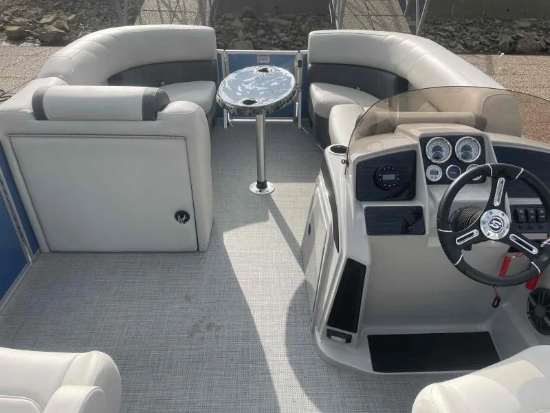 Slide: The Image of 2024 Sylvan MIRAGE 822 CLZ DH pontoon boat interior with seating and helm. - 15