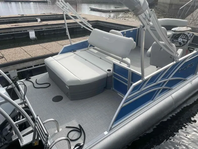 Slide: The Image of 2024 Sylvan MIRAGE 822 CLZ DH pontoon boat with sleek seating and modern design. - 16