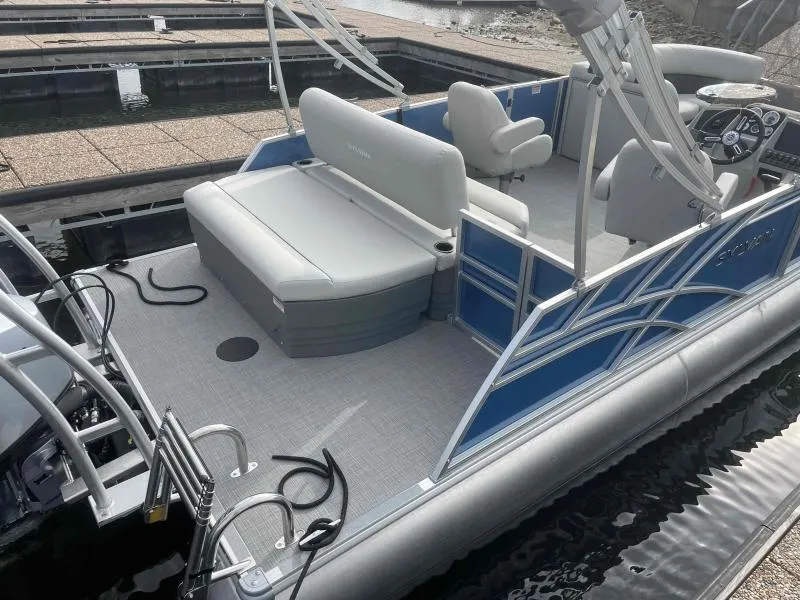 Slide: The Image of 2024 Sylvan MIRAGE 822 CLZ DH pontoon boat with spacious seating and modern design. - 17