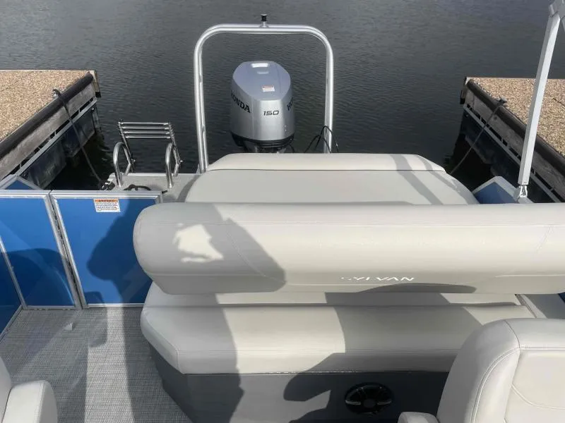 Slide: The Image of 2024 Sylvan MIRAGE 822 CLZ DH pontoon boat with Honda 150 engine at dock. - 18