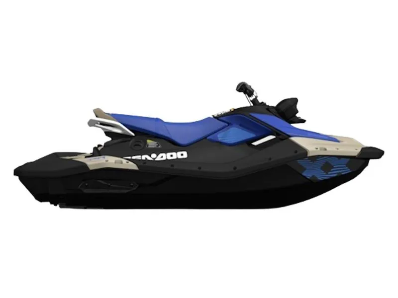 Slide: The Image of 2025 Sea-Doo Spark Trixx jet ski, blue and black design, side view. - 18