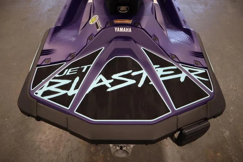 Slide: The Image of 2025 Yamaha WaveRunner JetBlaster LTD tow hook and warning label close-up. - 12