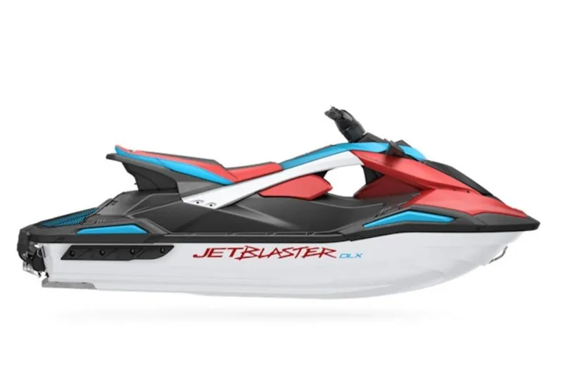 Slide: The Image of 2025 Yamaha WaveRunner JetBlaster DLX 3-Up in vibrant red and blue design. - 21