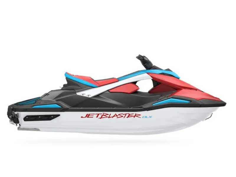 The Image of 2025 Yamaha WaveRunner JetBlaster DLX 2-Up in showroom, vibrant red and blue design. - 1