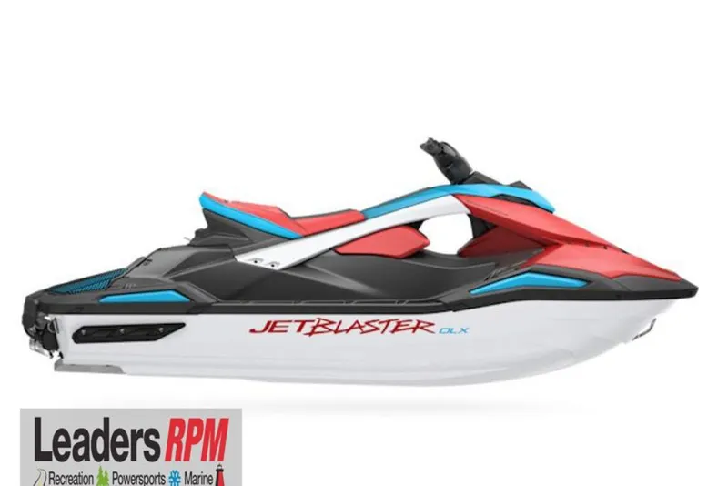 Slide: The Image of 2025 Yamaha WaveRunner JetBlaster DLX 2-Up, sleek design, vibrant red and blue accents. - 21