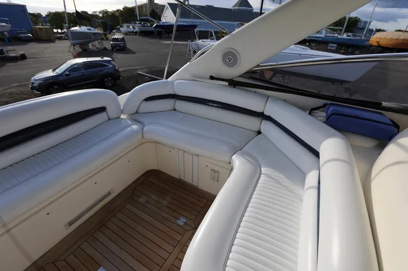 Slide: The Image of Luxurious seating area on 1998 Sunseeker Camargue 44 yacht with white upholstery. - 10