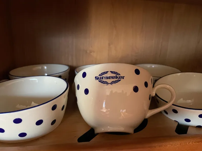 Slide: The Image of Polka dot cups with Sunseeker logo, displayed on a wooden shelf. - 34