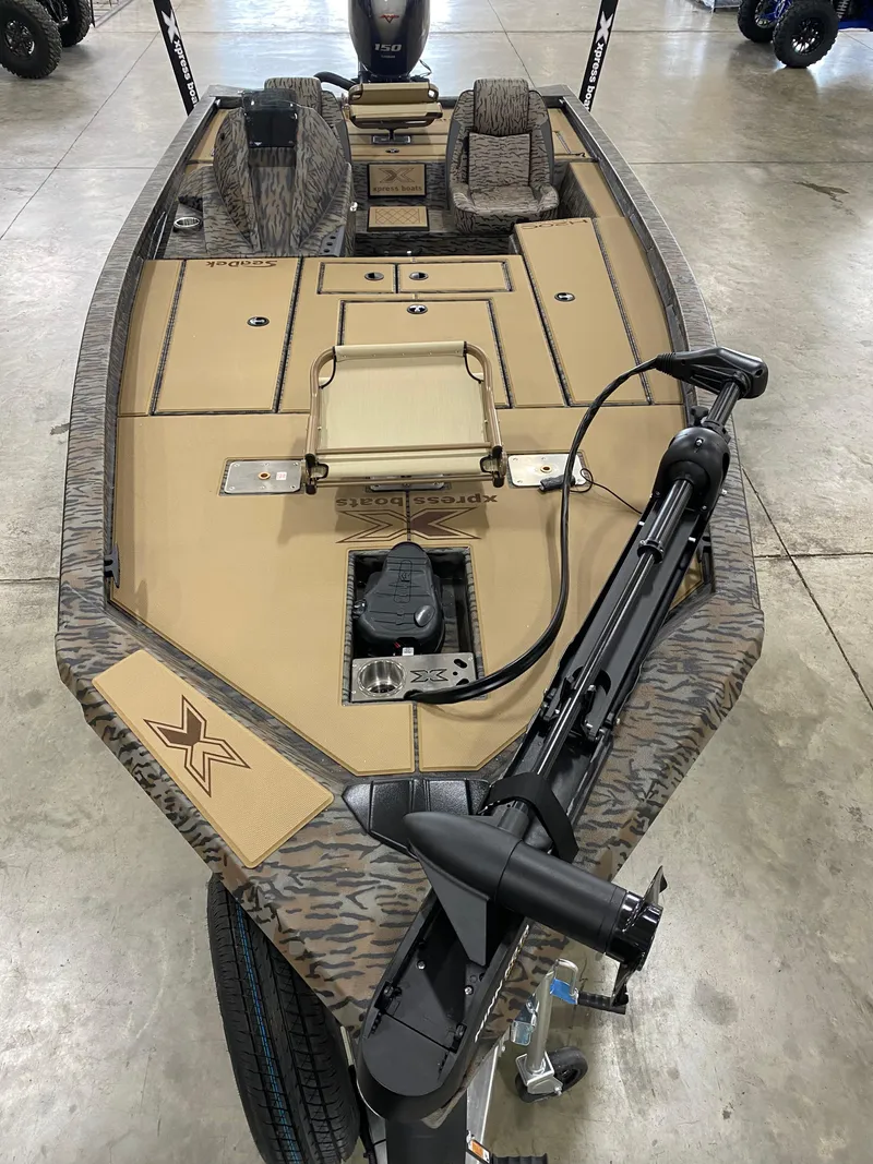 Slide: The Image of 2025 Xpress H20C Crappie fishing boat with camo design and advanced trolling motor. - 10