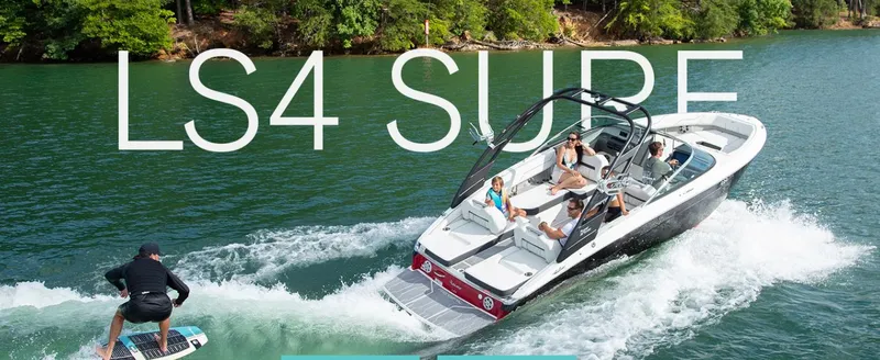 Slide: The Image of 2025 Regal LS4 Surf boat on a lake with wakeboarder. - 14