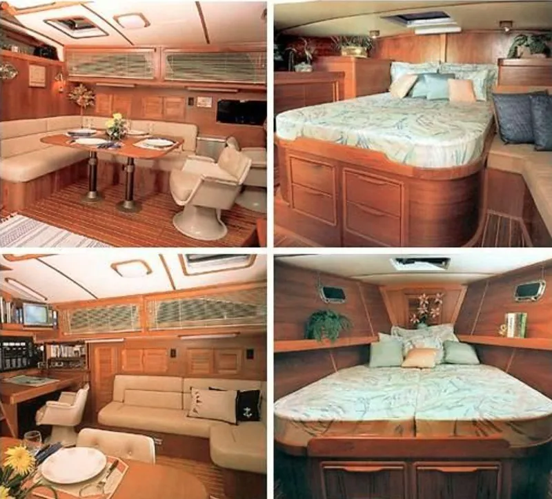 Slide: The Image of Luxurious interior of a 1990 Irwin 54 yacht, featuring cozy seating and elegant wood finishes. - 7