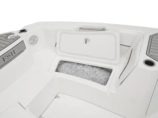 Slide: The Image of 2025 Yamaha Boats 220 FSH Sport with open storage compartment filled with ice. - 7