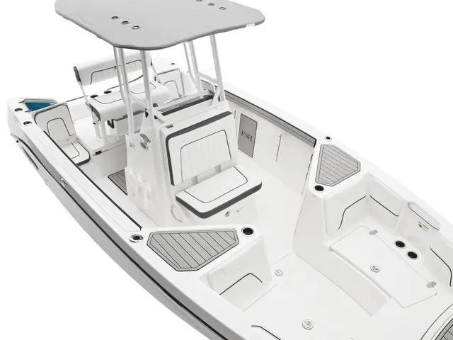 Slide: The Image of 2025 Yamaha Boats 220 FSH Sport, sleek white design, spacious seating, modern features. - 8