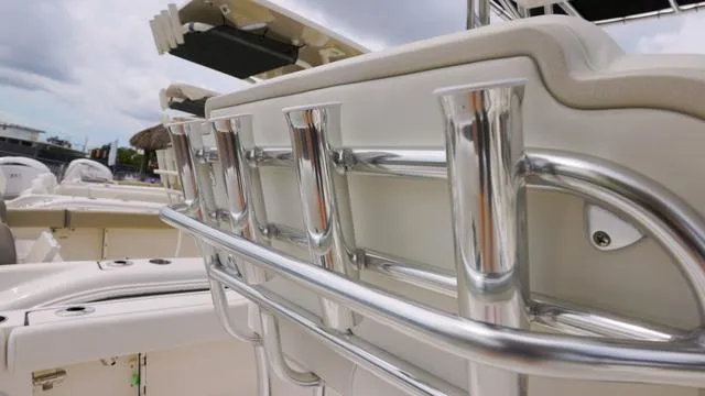 Slide: The Image of Close-up of 2025 Key West 203 FS boat's stainless steel rod holders. - 7