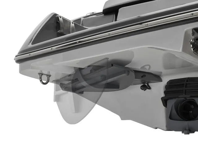 Slide: The Image of Close-up of 2025 Yamaha Boats 255XE hull and propeller system. - 16