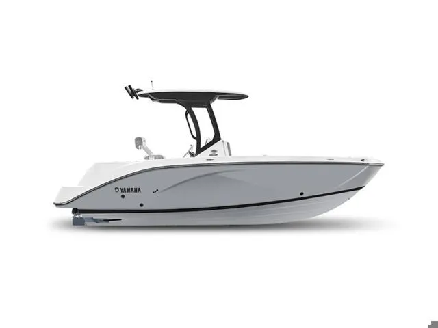 Slide: The Image of 2025 Yamaha Boats 222 FSH Sport E, sleek white design, side view. - 1