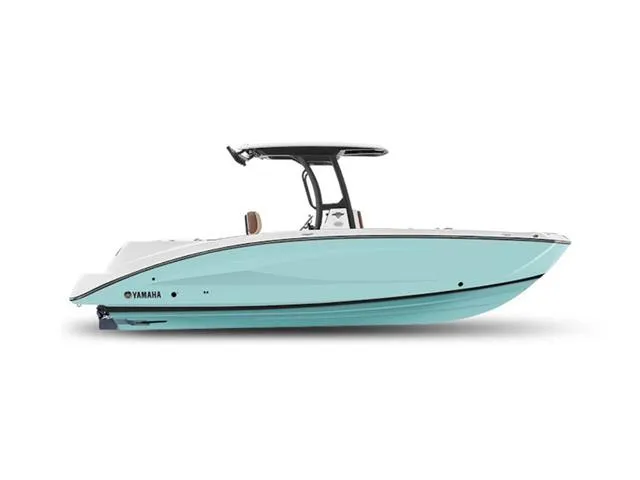 Slide: The Image of 2025 Yamaha Boats 255 FSH Sport E in light blue, side view. - 1