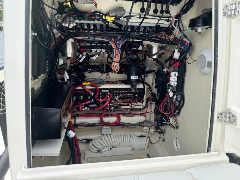 Slide: The Image of 2024 Pathfinder 2500 Hybrid boat wiring and electrical system interior view. - 36