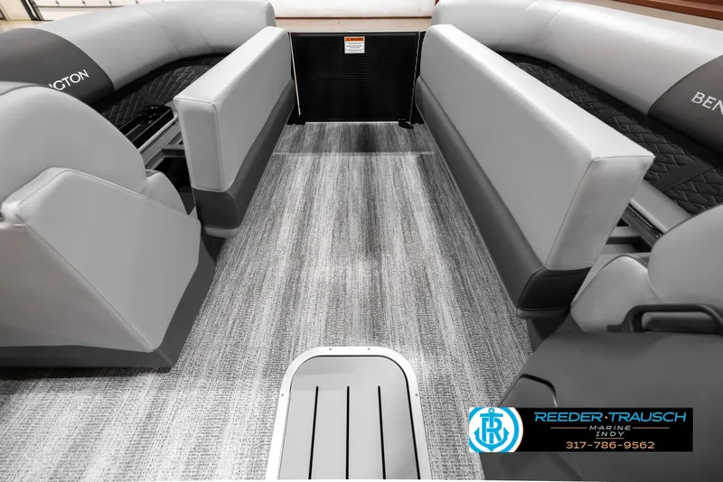 Slide: The Image of 2025 Bennington 21 SL boat interior with gray seating and flooring. - 20