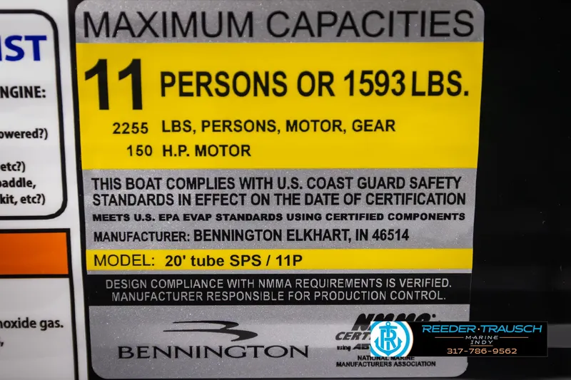 Slide: The Image of Capacity label for 2025 Bennington 21 SL boat, 11 persons or 1593 lbs. - 46