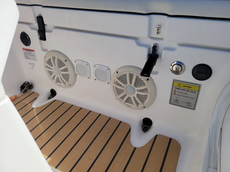 Slide: The Image of 2021 AB Inflatables ABJET 430XP interior with speakers and teak flooring. - 29