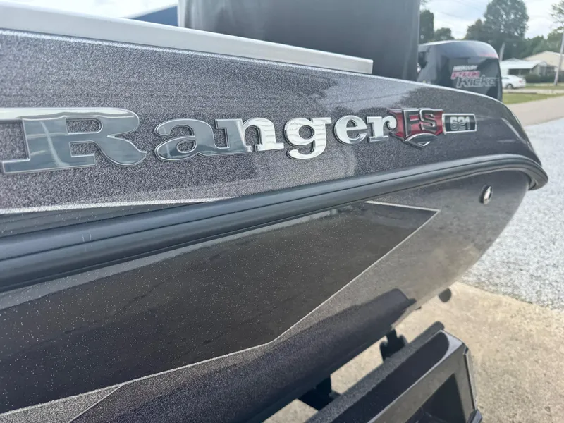 Slide: The Image of 2025 Ranger 621FS Ranger Cup Equipped boat, close-up of logo and sleek design. - 10