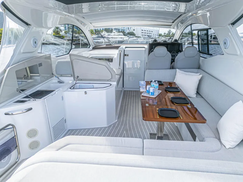 Slide: The Image of Luxurious interior of 2020 Azimut Atlantis 45 yacht with seating and dining area. - 32