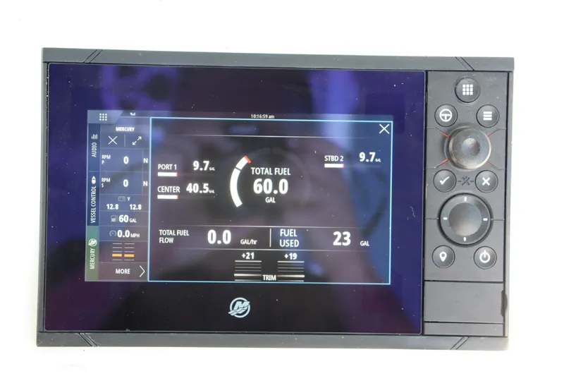 Slide: The Image of Dashboard display of 2025 Yellowfin 26 Hybrid boat showing fuel and engine data. - 18