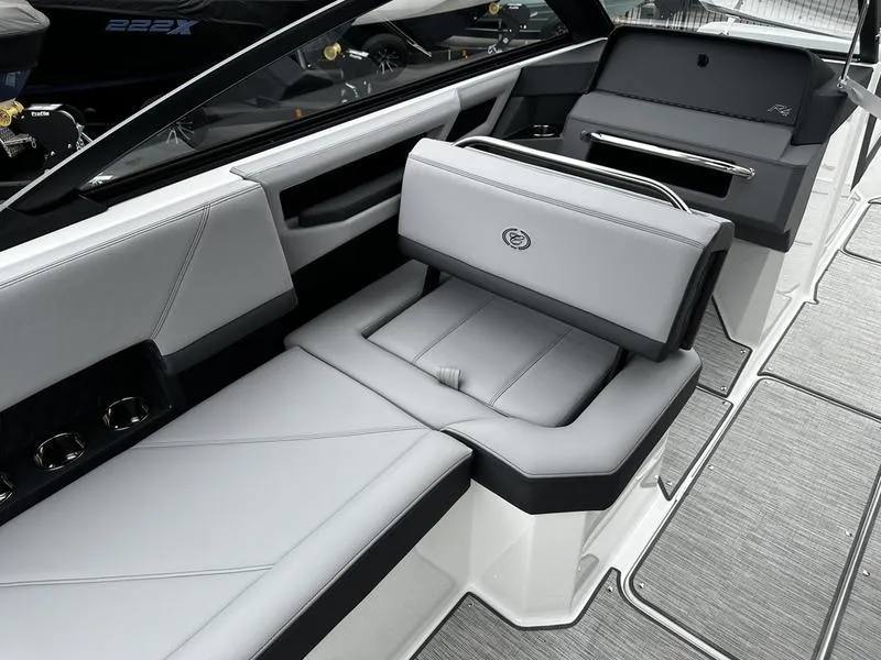 Slide: The Image of 2025 Cobalt R4 boat interior with sleek gray seating and modern design. - 7