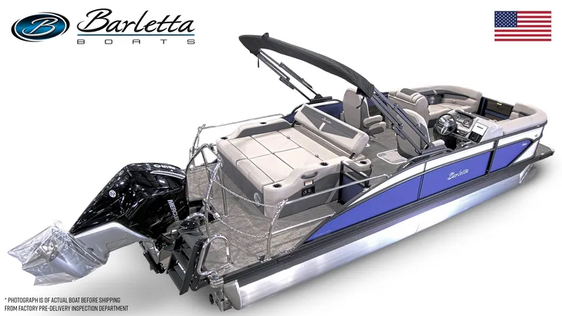 Slide: The Image of 2025 Barletta Cabrio 22UC pontoon boat, sleek design, luxury seating, American flag, side view. - 4