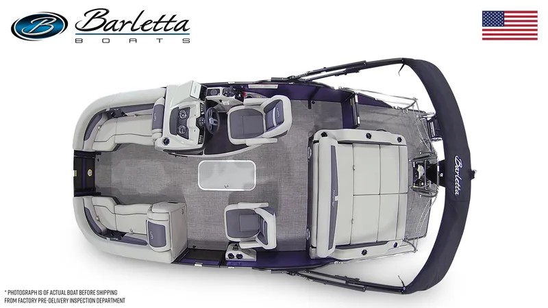 Slide: The Image of 2025 Barletta Cabrio 22UC pontoon boat, top view, showcasing spacious seating and modern design. - 7