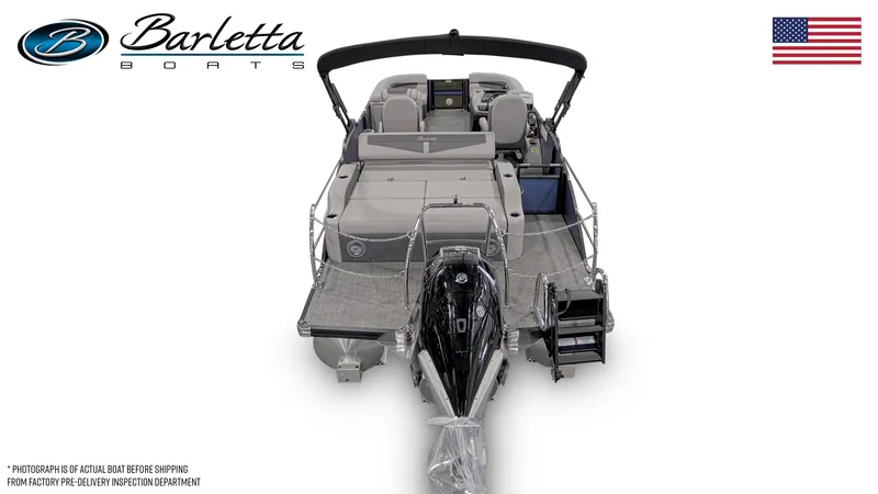 Slide: The Image of 2025 Barletta Cabrio 22UC pontoon boat, rear view, with sleek design and modern features. - 8