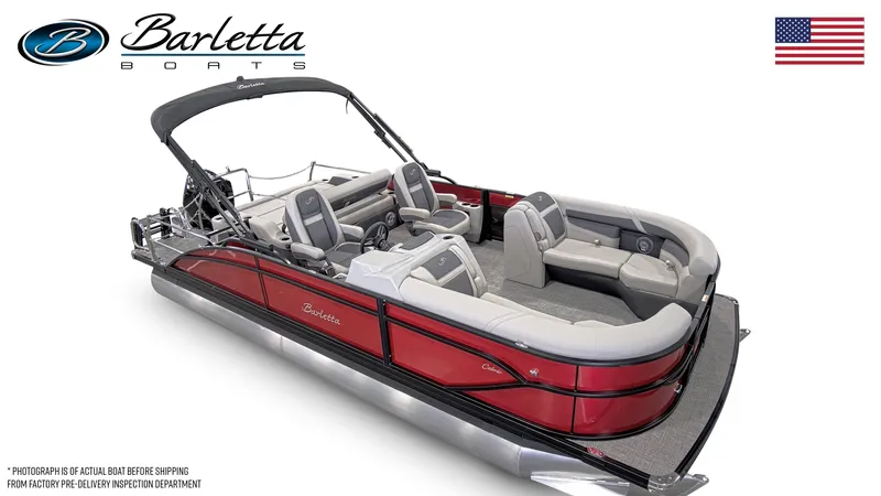 Slide: The Image of 2025 Barletta Cabrio 22UC pontoon boat, red exterior, spacious seating, luxury design. - 2
