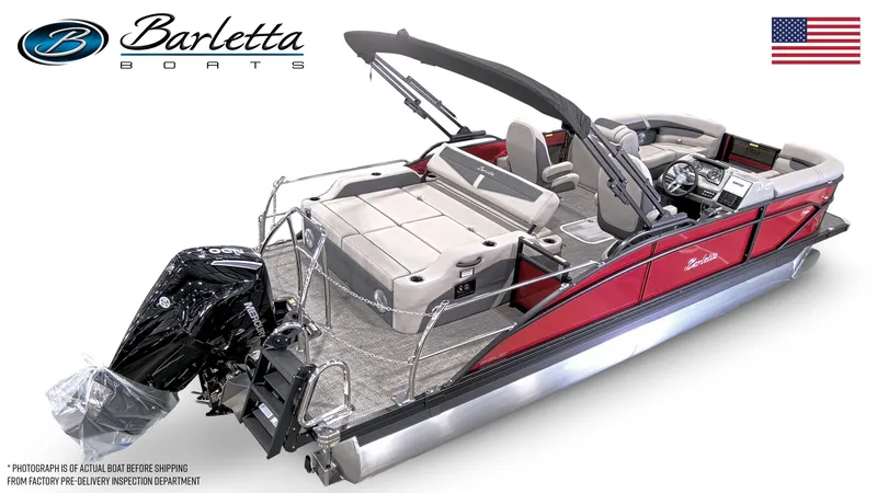 Slide: The Image of 2025 Barletta Cabrio 22UC pontoon boat, red exterior, luxurious seating, powerful outboard motor. - 3