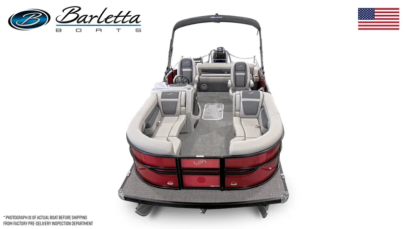 Slide: The Image of 2025 Barletta Cabrio 22UC pontoon boat, spacious seating, elegant design, American flag, Barletta logo. - 4