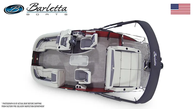 Slide: The Image of 2025 Barletta Cabrio 22UC pontoon boat, top view, showcasing seating and helm layout. - 5