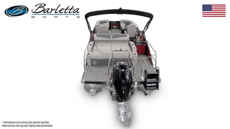 Slide: The Image of 2025 Barletta Cabrio 22UC pontoon boat, rear view with motor, American flag. - 7