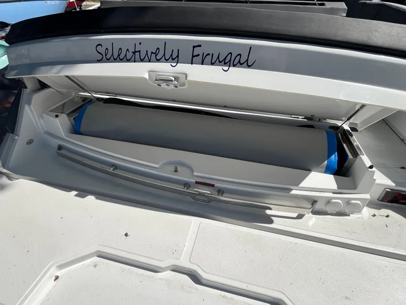 Slide: The Image of 2022 Cobalt A29 boat storage compartment labeled "Selectively Frugal." - 44