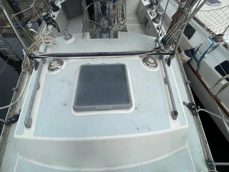 Slide: The Image of 1979 Moody 36 Classic yacht deck with hatch and rigging. - 27