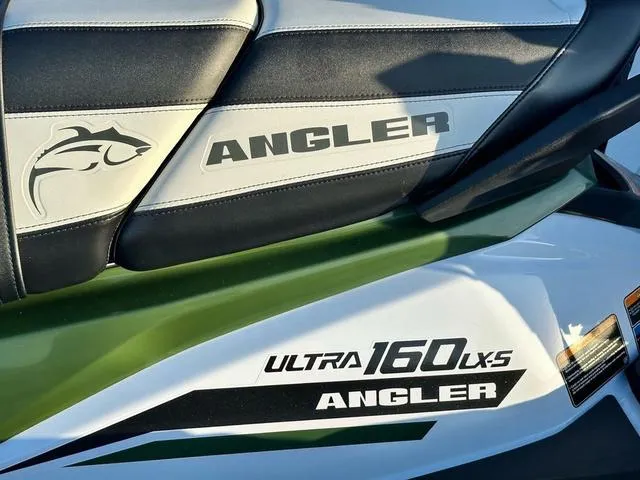 Slide: The Image of 2025 Kawasaki Jet Ski Ultra 160 Angler, close-up of seat and model branding. - 5