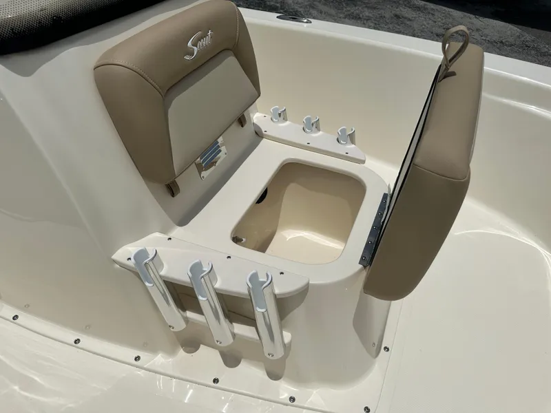Slide: The Image of 2025 Scout 177 Sport boat seat with storage and rod holders. - 10