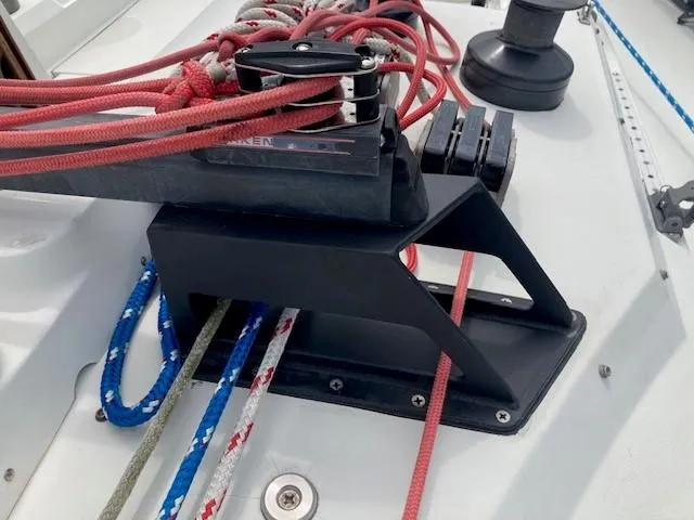 Slide: The Image of Sailing yacht deck with colorful ropes and winch, C&C 41, 1988 model. - 31