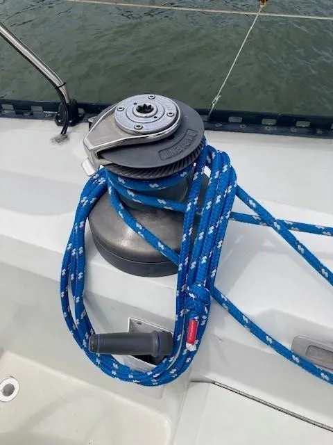Slide: The Image of Sailboat winch with blue rope on 1988 C&C 41 yacht. - 36