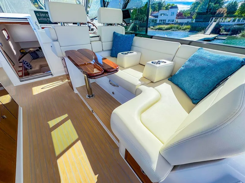 Slide: The Image of Luxurious 2024 MJM 4 yacht interior with plush seating and elegant design. - 14