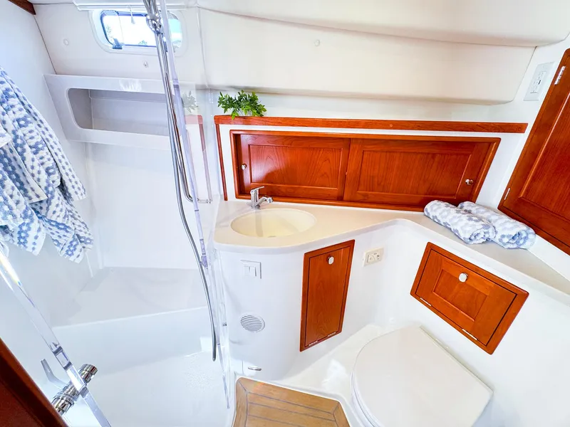Slide: The Image of Luxurious bathroom in 2024 MJM 4 yacht with wooden cabinets and modern fixtures. - 41