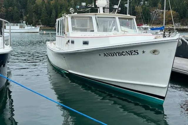 Slide: The Image of 1972 REPCO Buxton Downeast Hardtop Cruiser named "ANDYBONES" docked in a serene harbor. - 34