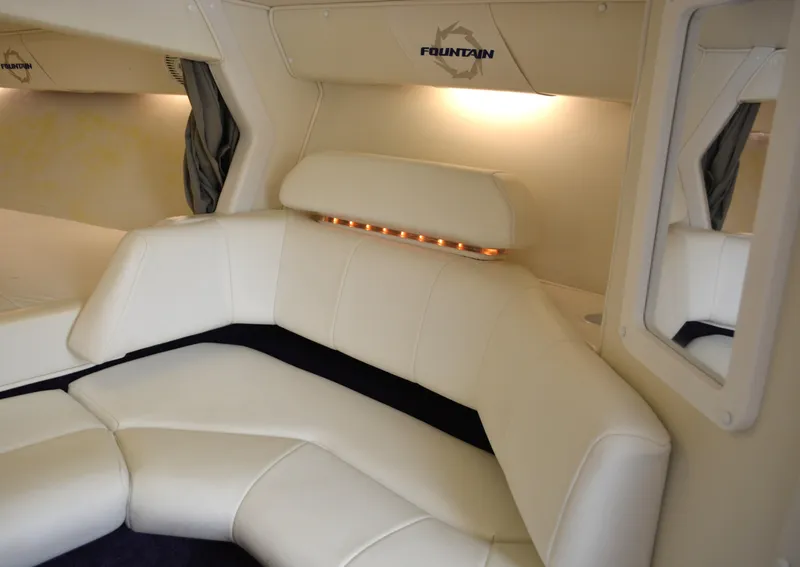 Slide: The Image of Luxurious interior of 2007 Fountain 35 Executioner boat with white leather seating. - 20