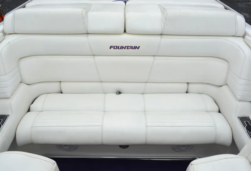 Slide: The Image of 2007 Fountain 35 Executioner boat interior with white leather seating. - 29