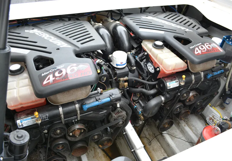 Slide: The Image of Twin MerCruiser 496 engines in a 2007 Fountain 35 Executioner boat. - 33